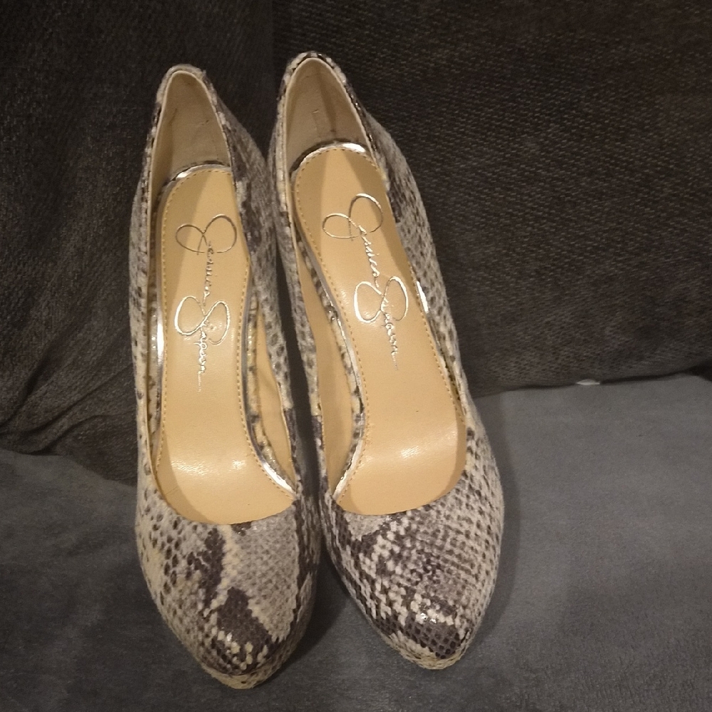 Jessica Simpson Snake-Print Pumps in Beige and Brown